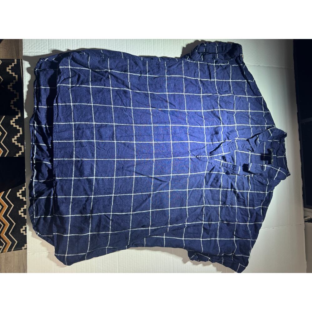 Tahari Women’s 1X Navy Windowpane Plaid Blouse Linen Blend
